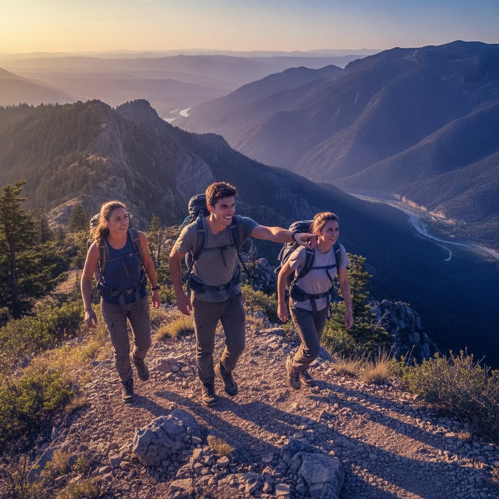 Three hikers on a mountain trail at golden hour