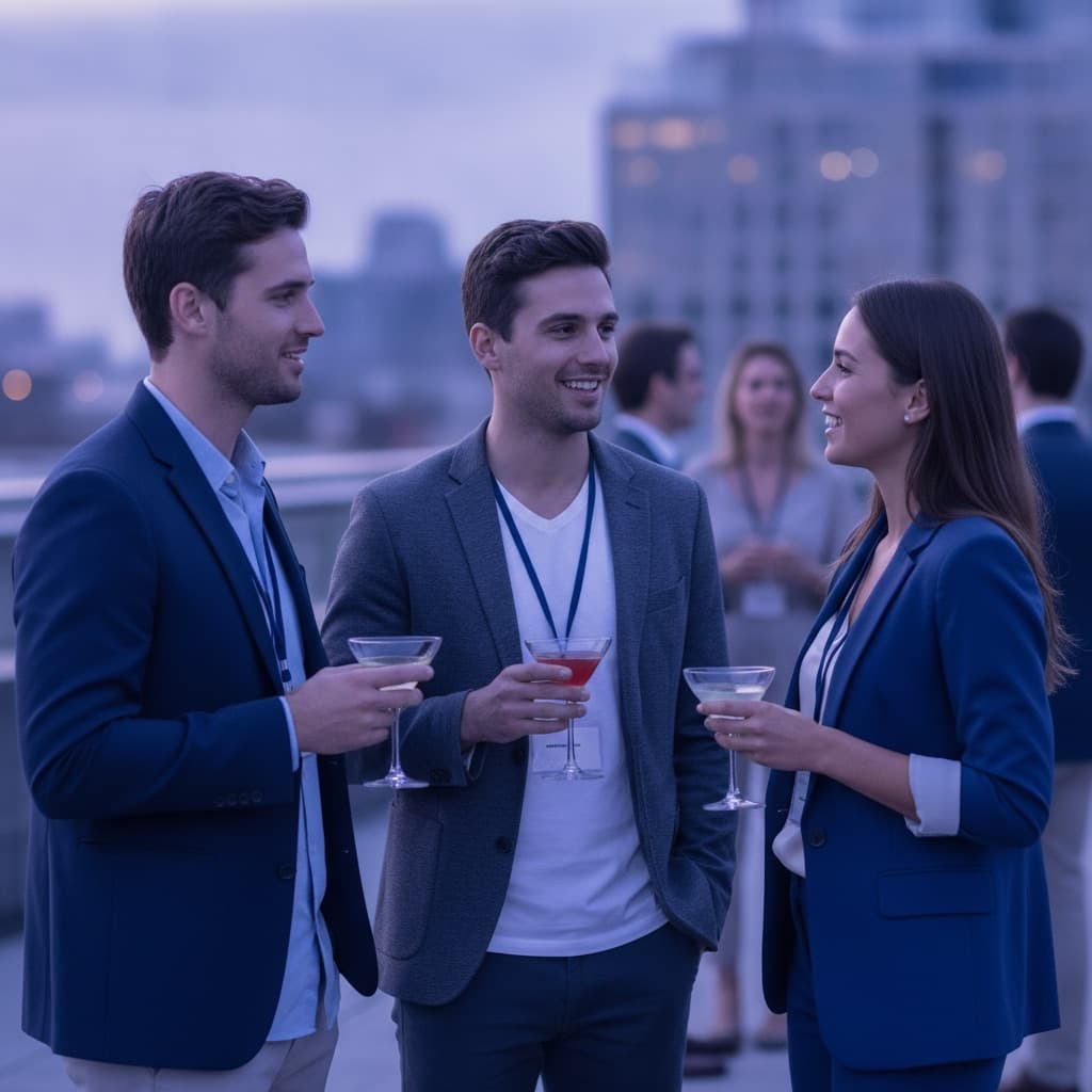 Young professionals networking at a rooftop mixer