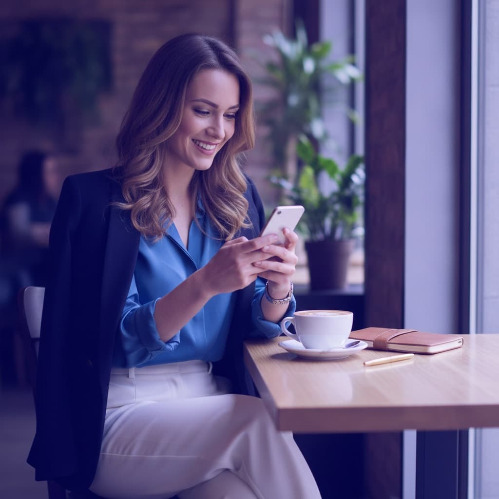 A woman planning an activity on her phone at a cafe