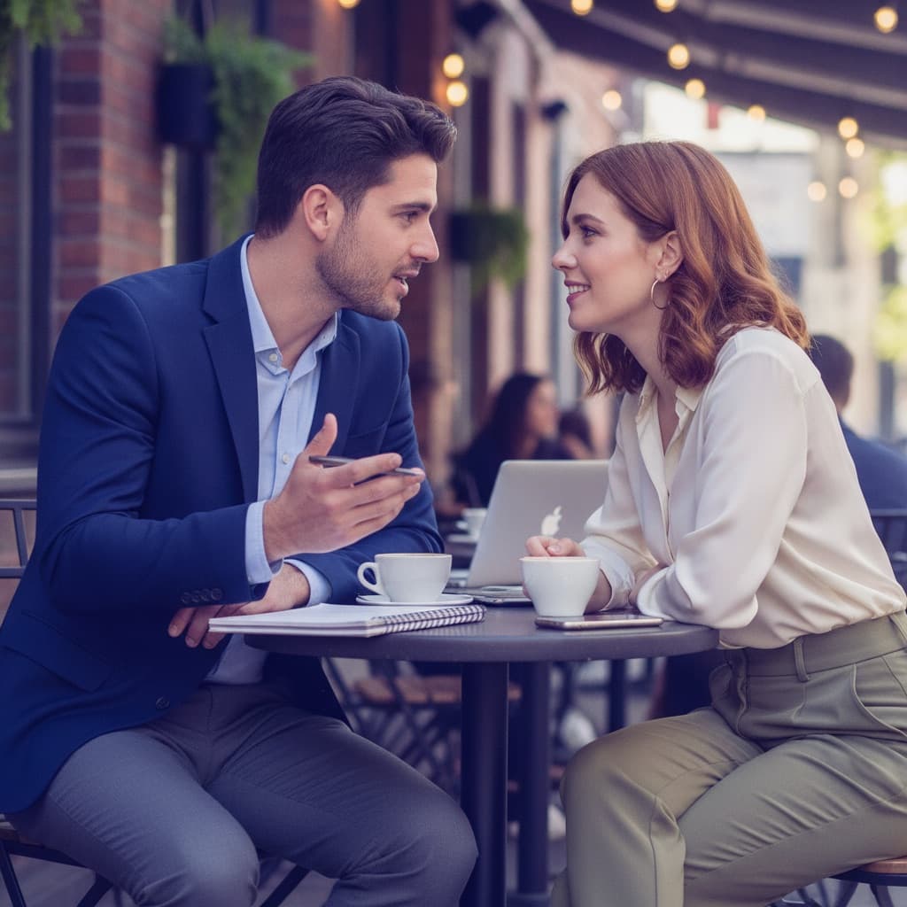 Two professionals meeting at an outdoor cafe