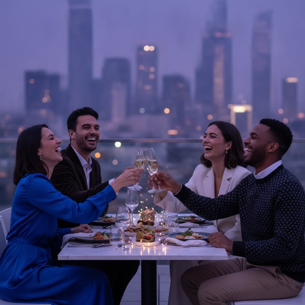 Friends raising a toast at a rooftop dinner