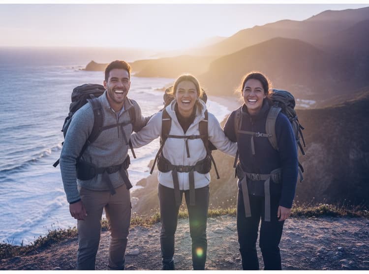 Three friends with backpacks laughing at a clifftop overlook at golden hour